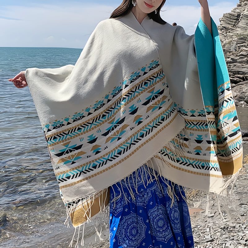 Chale Tibetano con Borlas Geométricas Tibetan Geometric Tassel Shawl