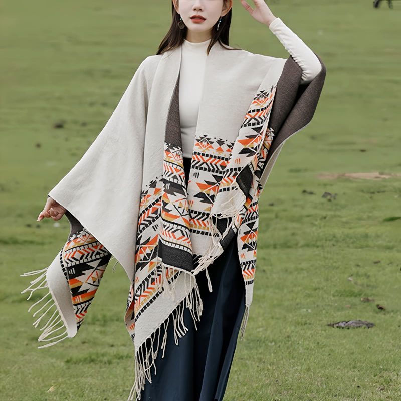 Chale Tibetano con Borlas Geométricas Tibetan Geometric Tassel Shawl