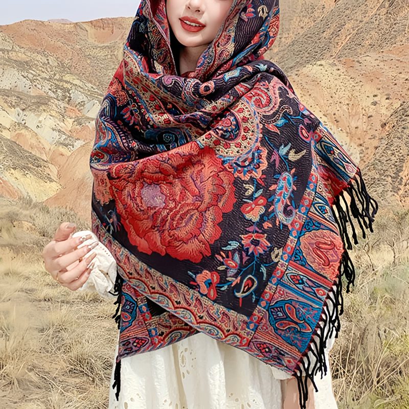 شال زهور البوني من البوليستر التبتي Tibetan Polyester Peony Vine Shawl
