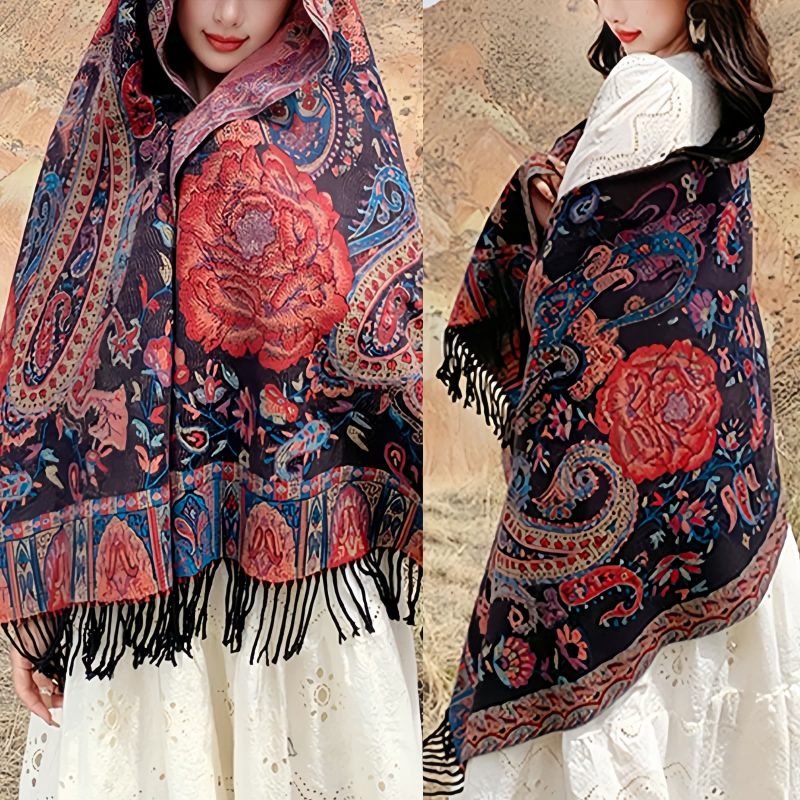 شال زهور البوني من البوليستر التبتي Tibetan Polyester Peony Vine Shawl