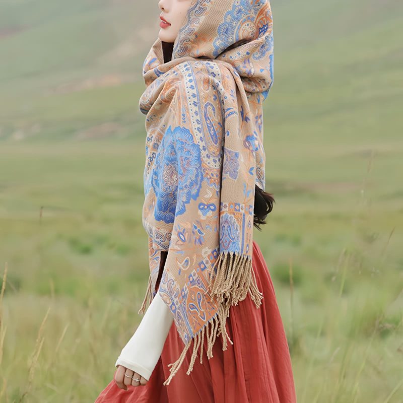 شال زهور البوني من البوليستر التبتي Tibetan Polyester Peony Vine Shawl