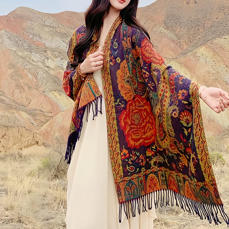 شال زهور البوني من البوليستر التبتي Tibetan Polyester Peony Vine Shawl