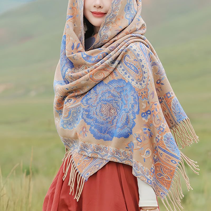 شال زهور البوني من البوليستر التبتي Tibetan Polyester Peony Vine Shawl