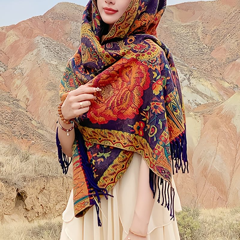 شال زهور البوني من البوليستر التبتي Tibetan Polyester Peony Vine Shawl