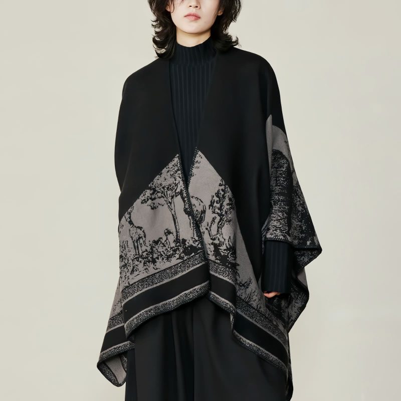 Chale Doble de Cachemira Tibetana con Diseño de Ciervo Sika Tibetan Double-sided Shawl with Sika Deer Design