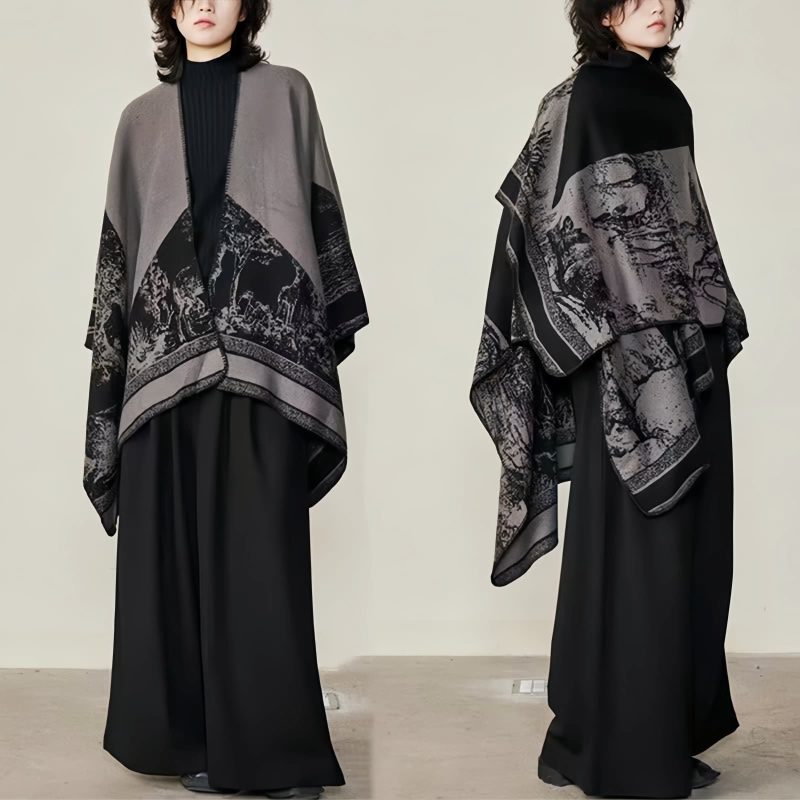 Chale Doble de Cachemira Tibetana con Diseño de Ciervo Sika Tibetan Double-sided Shawl with Sika Deer Design