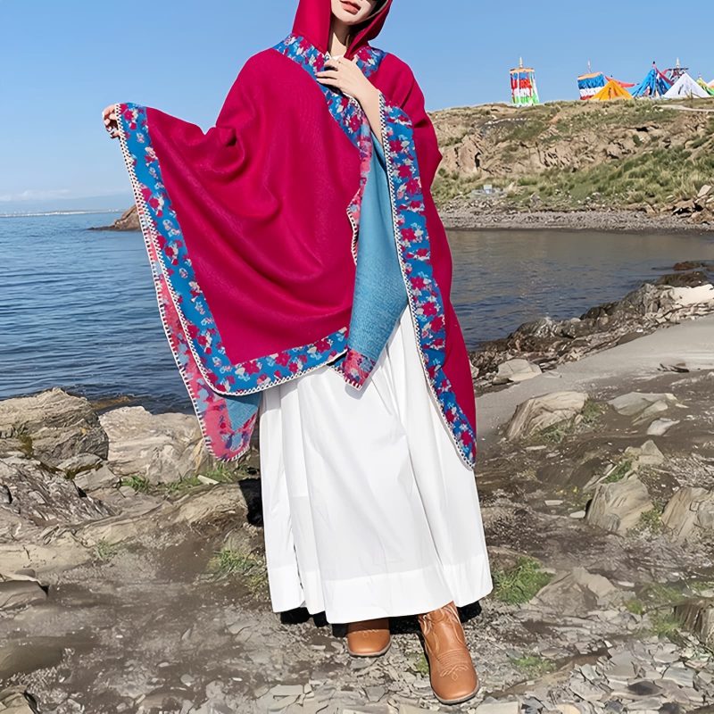 Chaleco con Capucha de Flores Pequeñas Tibetano Tibetan Small Floral Hooded Shawl