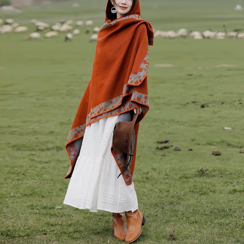 Chaleco con Capucha de Flores Pequeñas Tibetano Tibetan Small Floral Hooded Shawl
