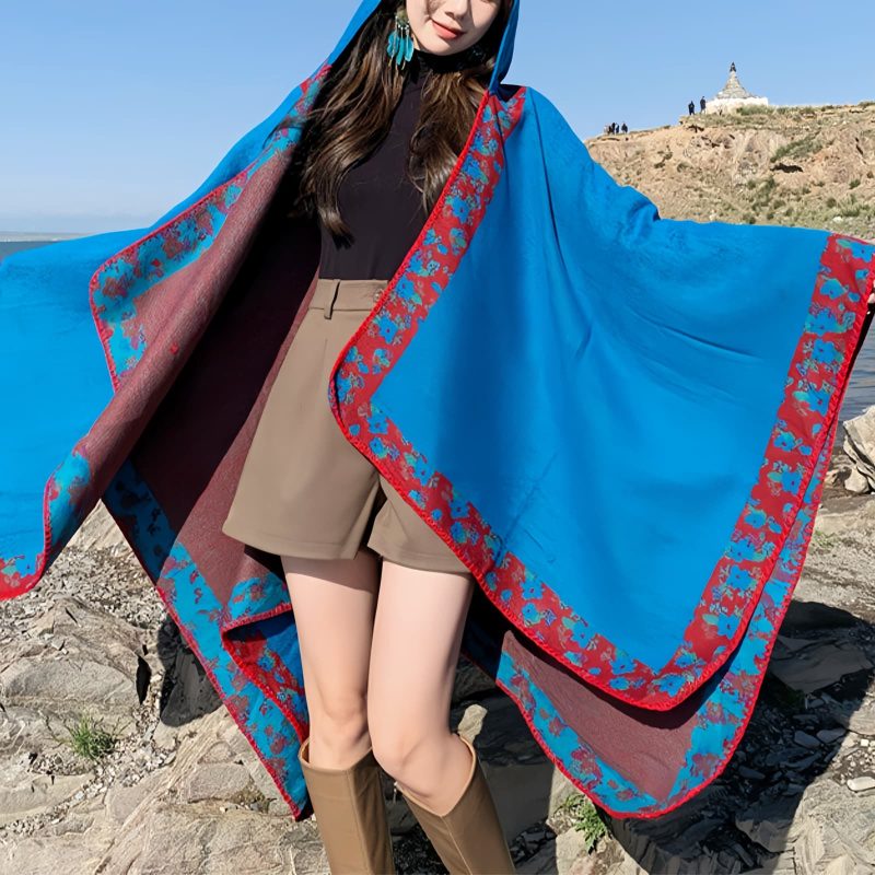 Chaleco con Capucha de Flores Pequeñas Tibetano Tibetan Small Floral Hooded Shawl