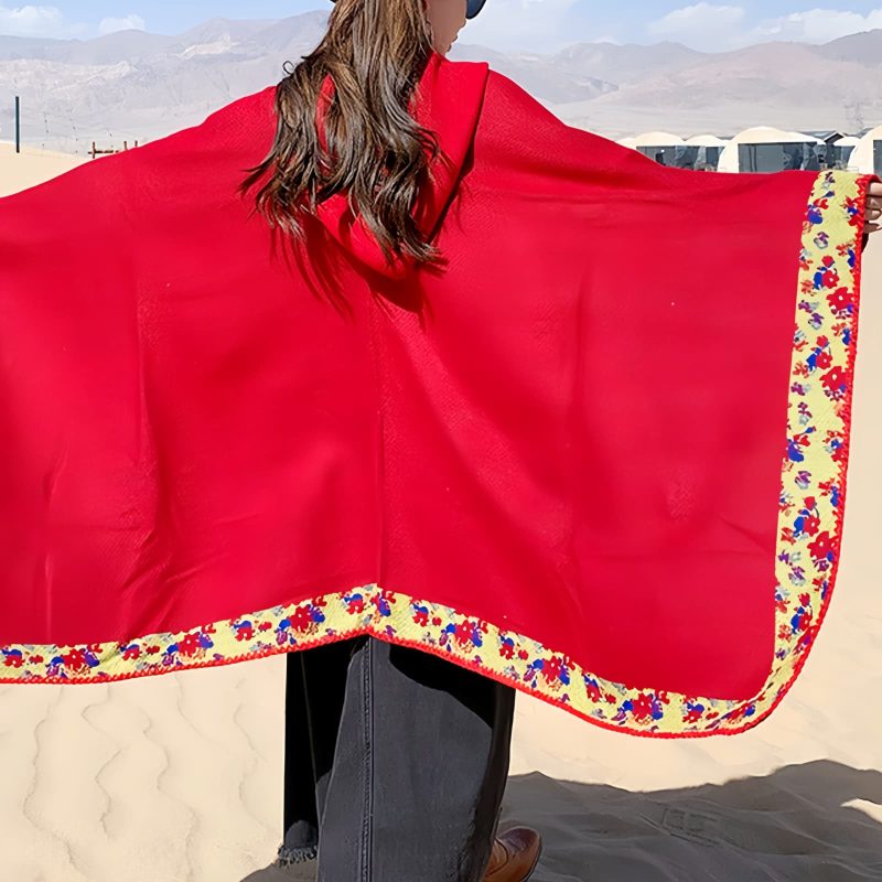 Chaleco con Capucha de Flores Pequeñas Tibetano Tibetan Small Floral Hooded Shawl