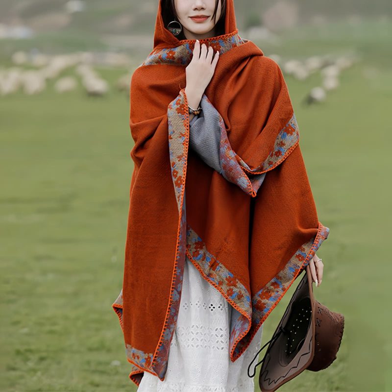 Chaleco con Capucha de Flores Pequeñas Tibetano Tibetan Small Floral Hooded Shawl