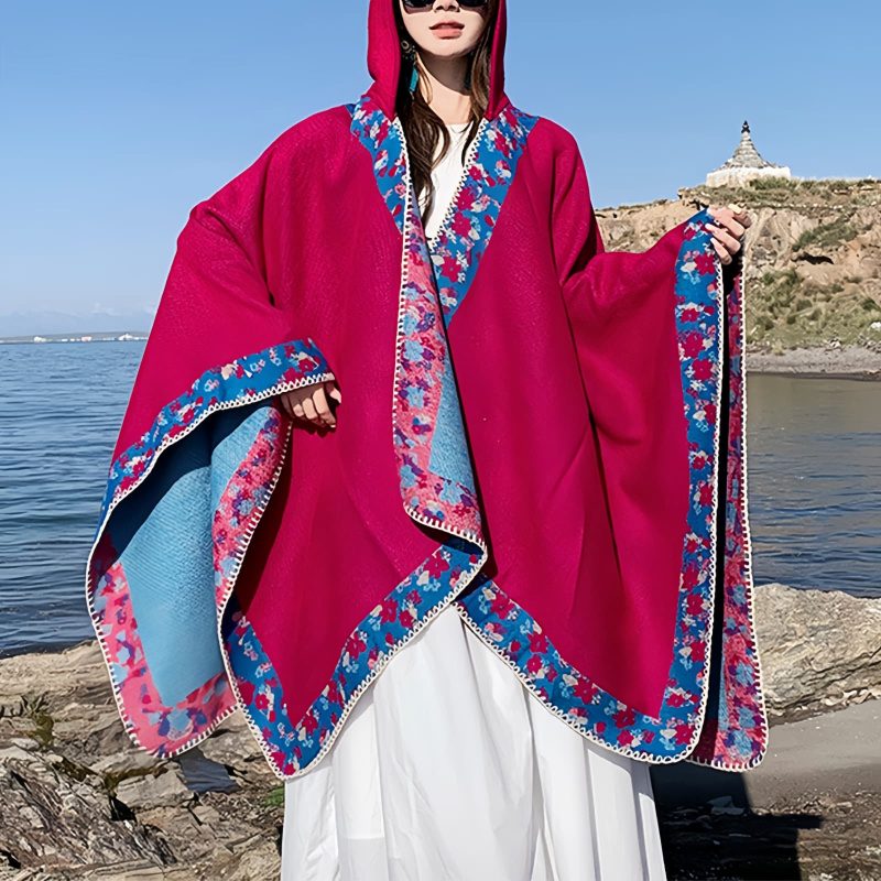 Chaleco con Capucha de Flores Pequeñas Tibetano Tibetan Small Floral Hooded Shawl