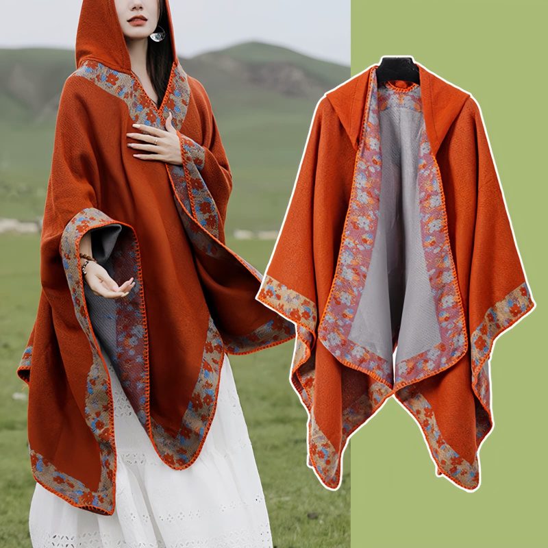 Chaleco con Capucha de Flores Pequeñas Tibetano Tibetan Small Floral Hooded Shawl