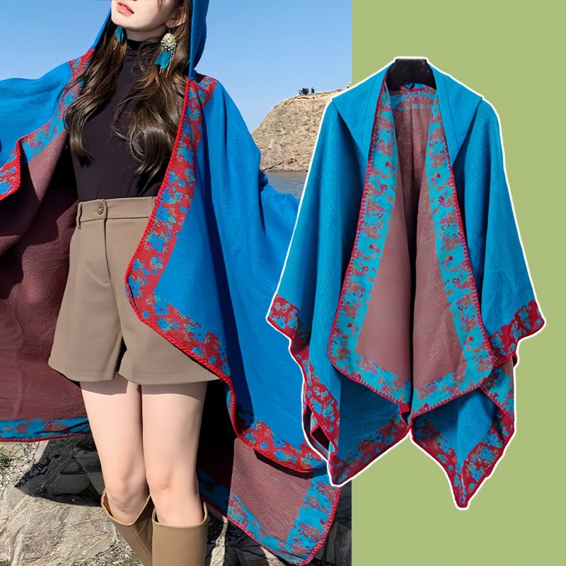 Chaleco con Capucha de Flores Pequeñas Tibetano Tibetan Small Floral Hooded Shawl