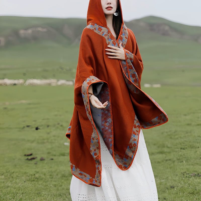 Chaleco con Capucha de Flores Pequeñas Tibetano Tibetan Small Floral Hooded Shawl