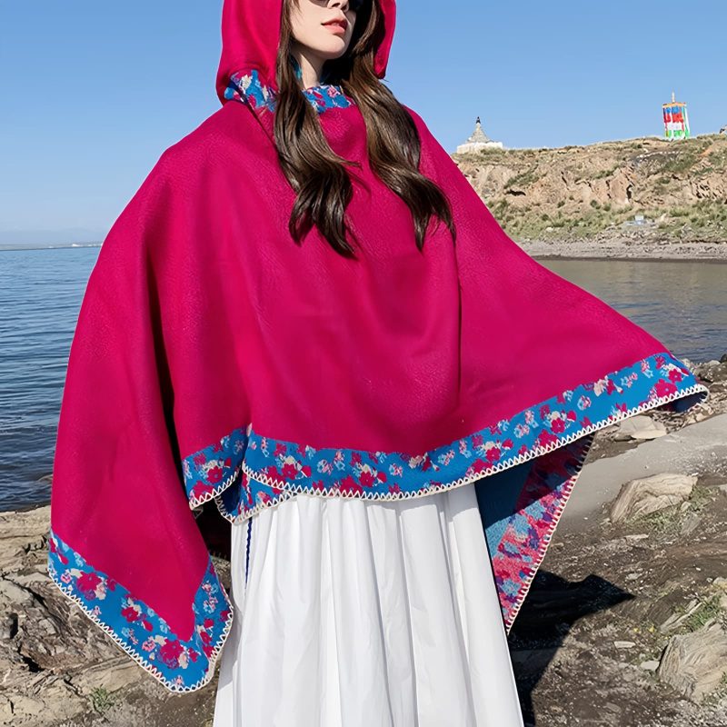 Chaleco con Capucha de Flores Pequeñas Tibetano Tibetan Small Floral Hooded Shawl