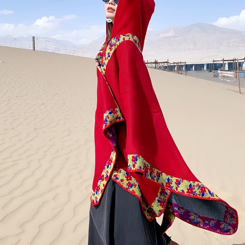 Chaleco con Capucha de Flores Pequeñas Tibetano Tibetan Small Floral Hooded Shawl
