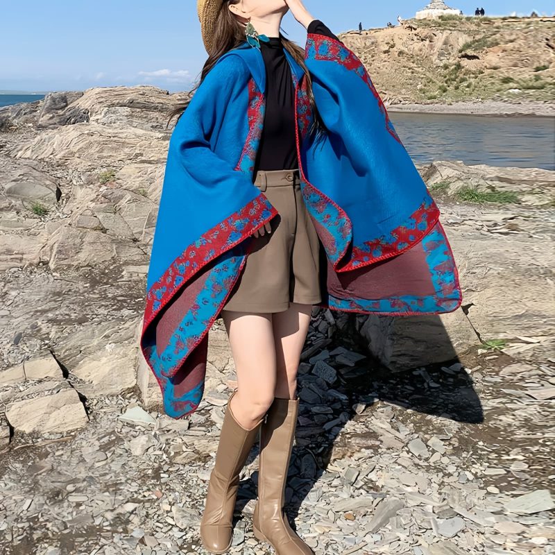 Chaleco con Capucha de Flores Pequeñas Tibetano Tibetan Small Floral Hooded Shawl
