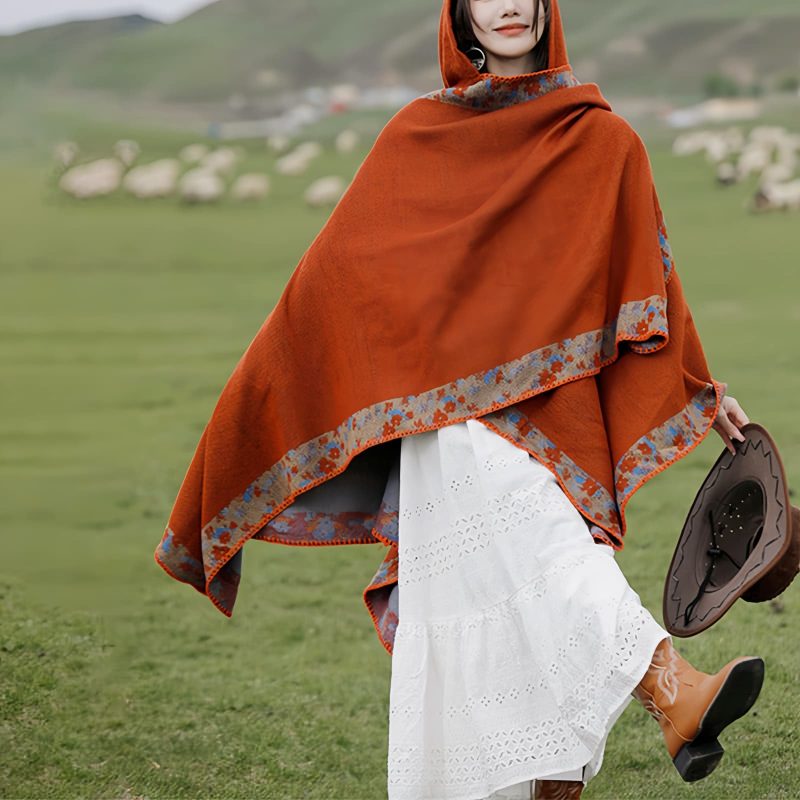 Chaleco con Capucha de Flores Pequeñas Tibetano Tibetan Small Floral Hooded Shawl