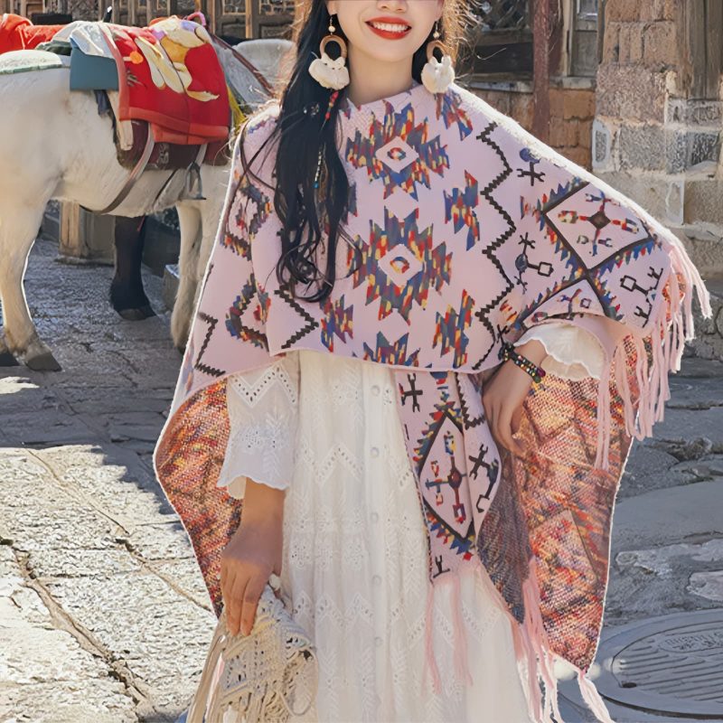 Bufanda Envolvente de Rayas Tibetana de Poliéster Tibetan Polyester Striped Shawl Wrap