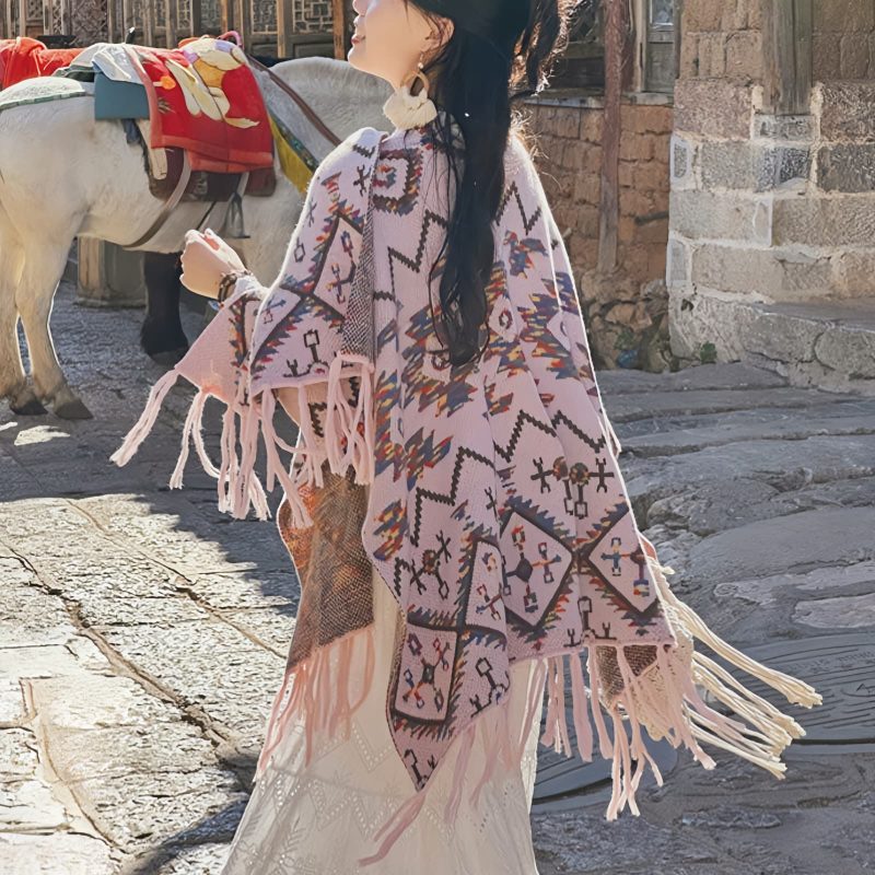Bufanda Envolvente de Rayas Tibetana de Poliéster Tibetan Polyester Striped Shawl Wrap