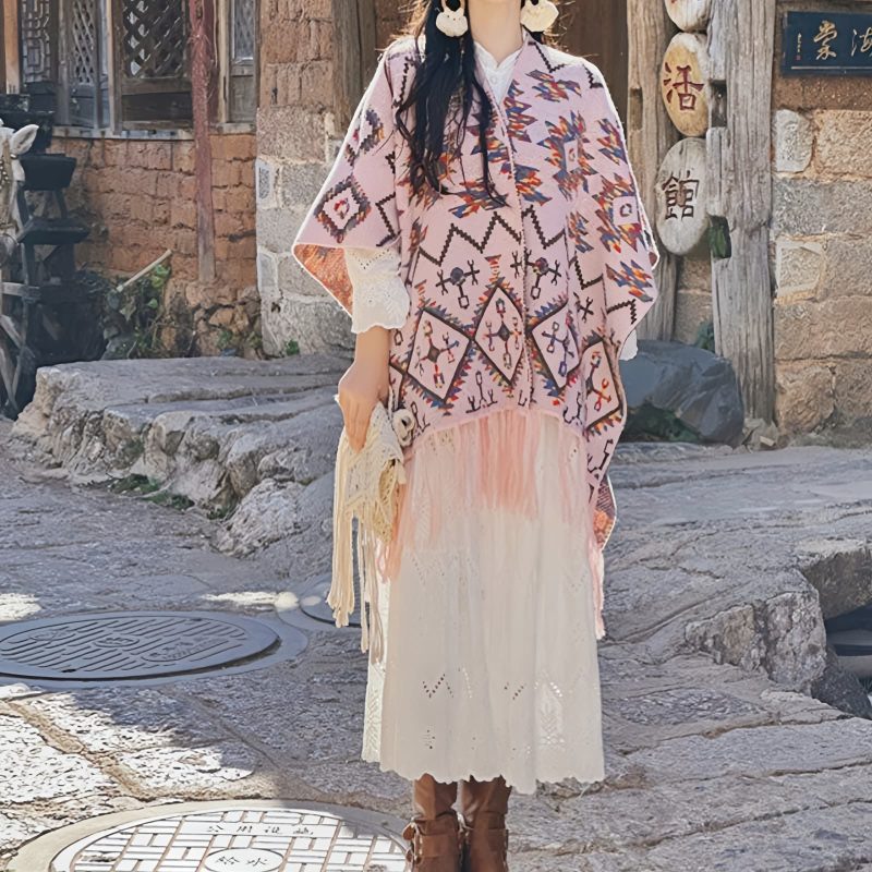 Bufanda Envolvente de Rayas Tibetana de Poliéster Tibetan Polyester Striped Shawl Wrap