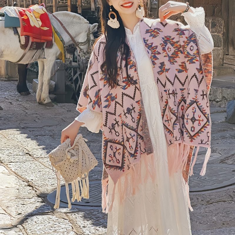 Bufanda Envolvente de Rayas Tibetana de Poliéster Tibetan Polyester Striped Shawl Wrap