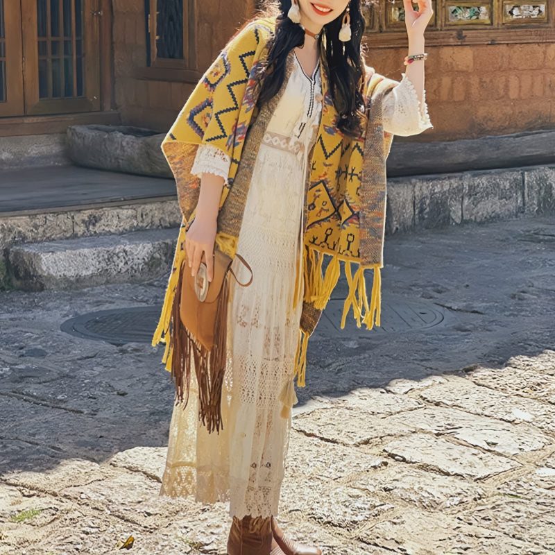 Bufanda Envolvente de Rayas Tibetana de Poliéster Tibetan Polyester Striped Shawl Wrap