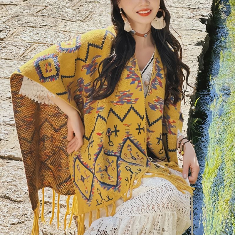 Bufanda Envolvente de Rayas Tibetana de Poliéster Tibetan Polyester Striped Shawl Wrap