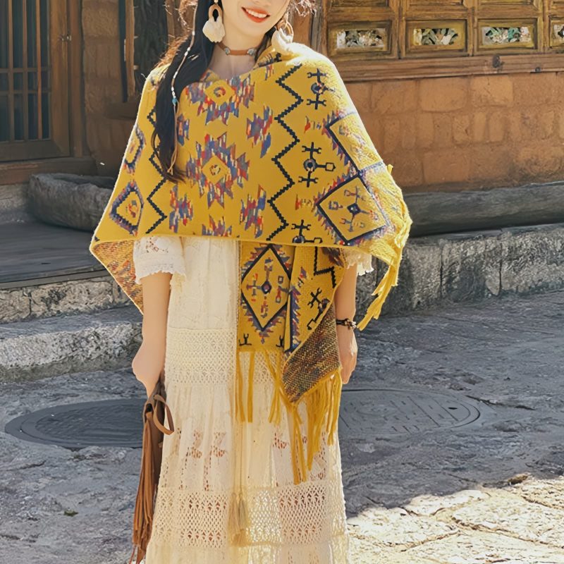Bufanda Envolvente de Rayas Tibetana de Poliéster Tibetan Polyester Striped Shawl Wrap