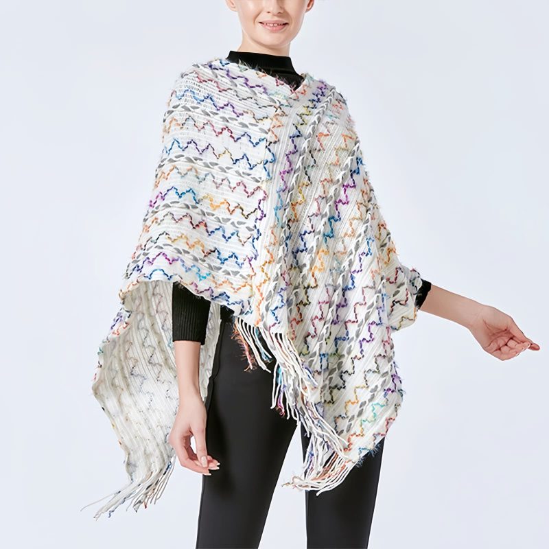 Xale Tibetano Listrado com Borlas e Gola Tibetan Striped Pullover Tassel Shawl