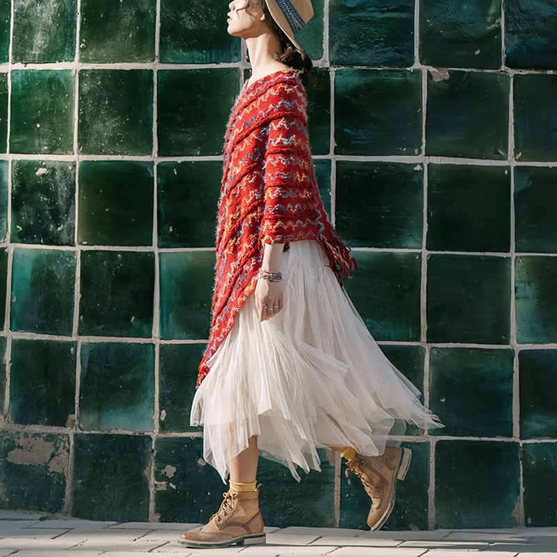 Xale Tibetano Listrado com Borlas e Gola Tibetan Striped Pullover Tassel Shawl