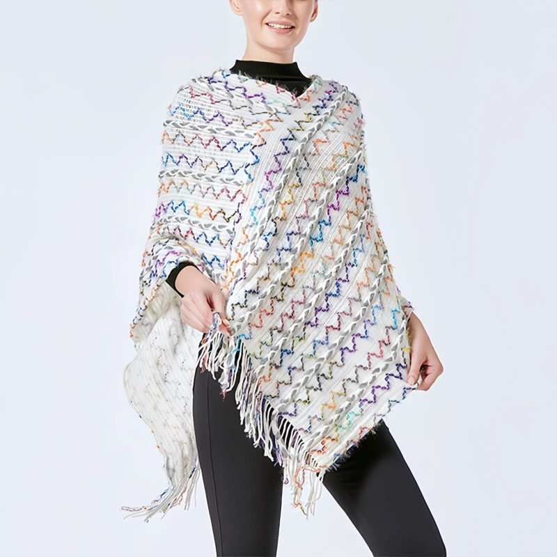 Xale Tibetano Listrado com Borlas e Gola Tibetan Striped Pullover Tassel Shawl