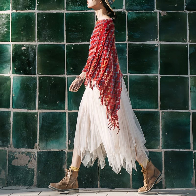 Xale Tibetano Listrado com Borlas e Gola Tibetan Striped Pullover Tassel Shawl