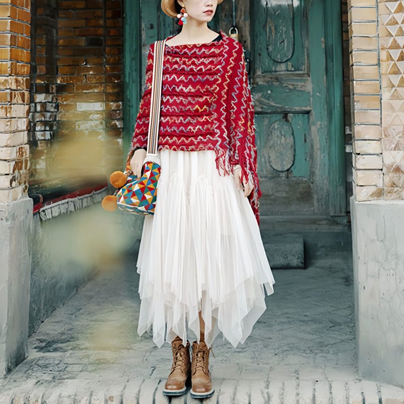 Xale Tibetano Listrado com Borlas e Gola Tibetan Striped Pullover Tassel Shawl