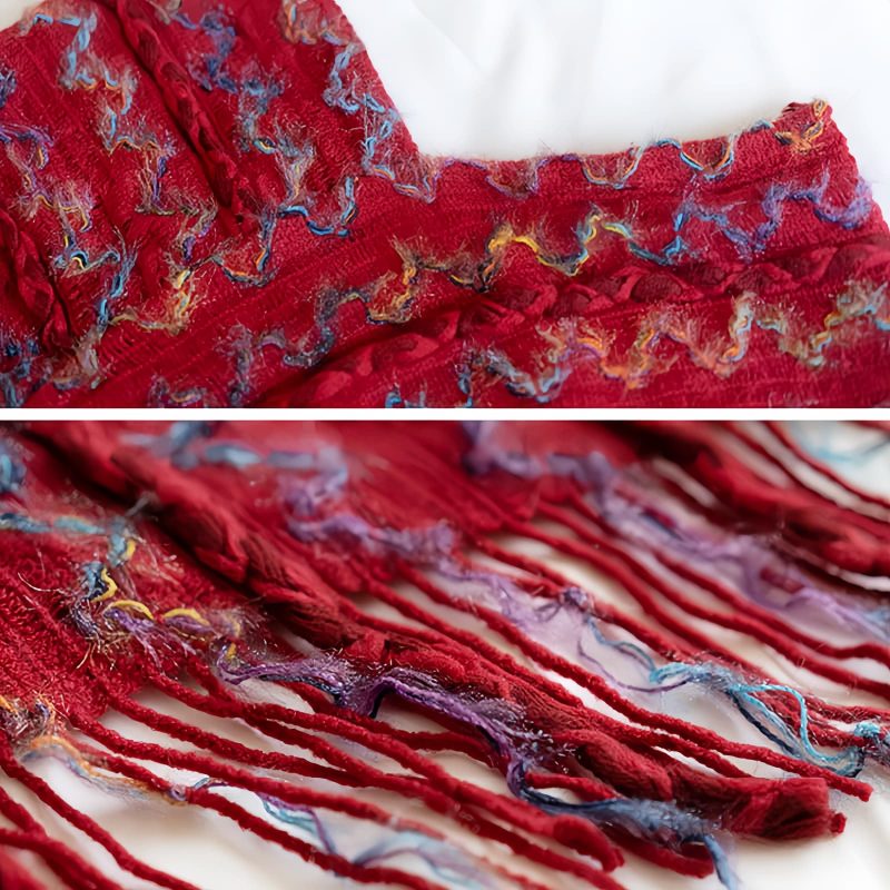Xale Tibetano Listrado com Borlas e Gola Tibetan Striped Pullover Tassel Shawl