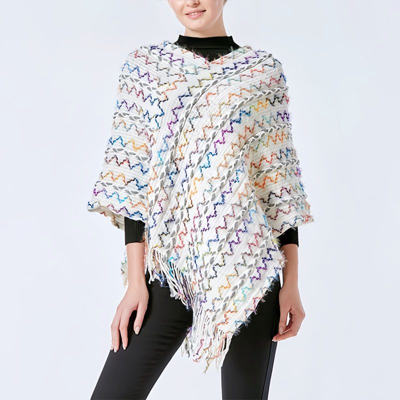 Xale Tibetano Listrado com Borlas e Gola Tibetan Striped Pullover Tassel Shawl