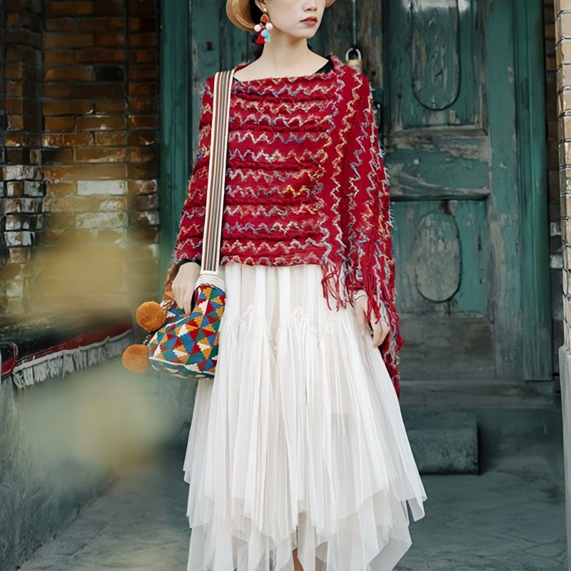 Xale Tibetano Listrado com Borlas e Gola Tibetan Striped Pullover Tassel Shawl