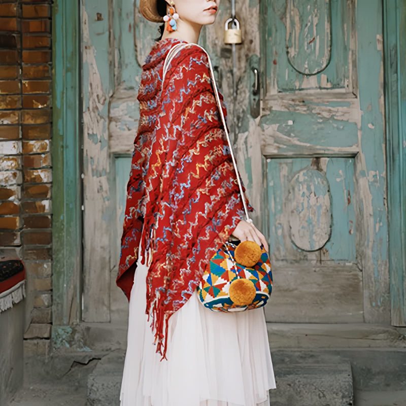 Xale Tibetano Listrado com Borlas e Gola Tibetan Striped Pullover Tassel Shawl