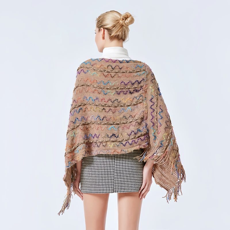 Xale Tibetano Listrado com Borlas e Gola Tibetan Striped Pullover Tassel Shawl