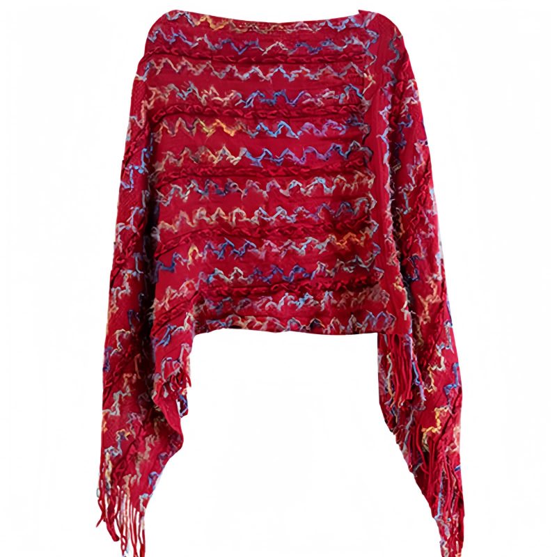 Xale Tibetano Listrado com Borlas e Gola Tibetan Striped Pullover Tassel Shawl
