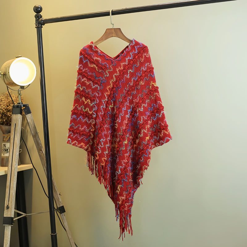Xale Tibetano Listrado com Borlas e Gola Tibetan Striped Pullover Tassel Shawl