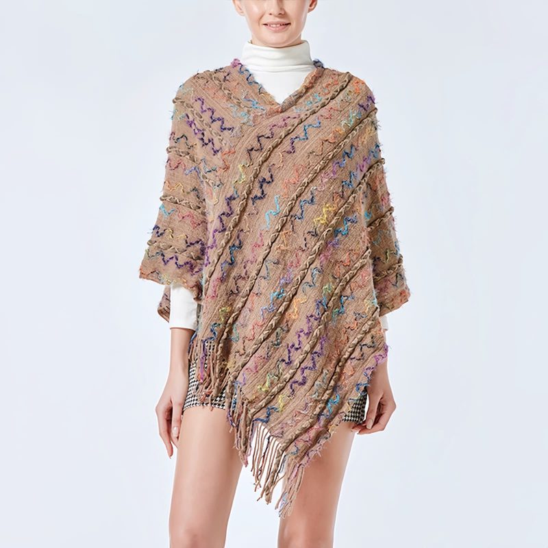 Xale Tibetano Listrado com Borlas e Gola Tibetan Striped Pullover Tassel Shawl