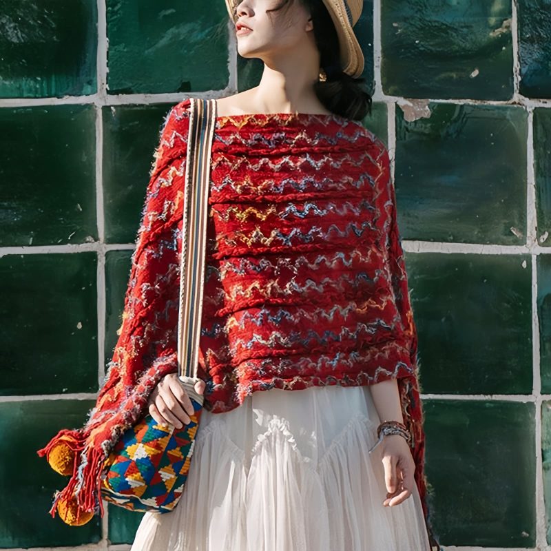Xale Tibetano Listrado com Borlas e Gola Tibetan Striped Pullover Tassel Shawl