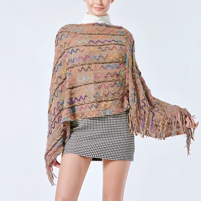 Xale Tibetano Listrado com Borlas e Gola Tibetan Striped Pullover Tassel Shawl