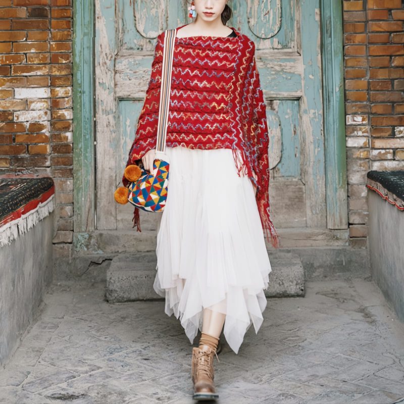 Xale Tibetano Listrado com Borlas e Gola Tibetan Striped Pullover Tassel Shawl