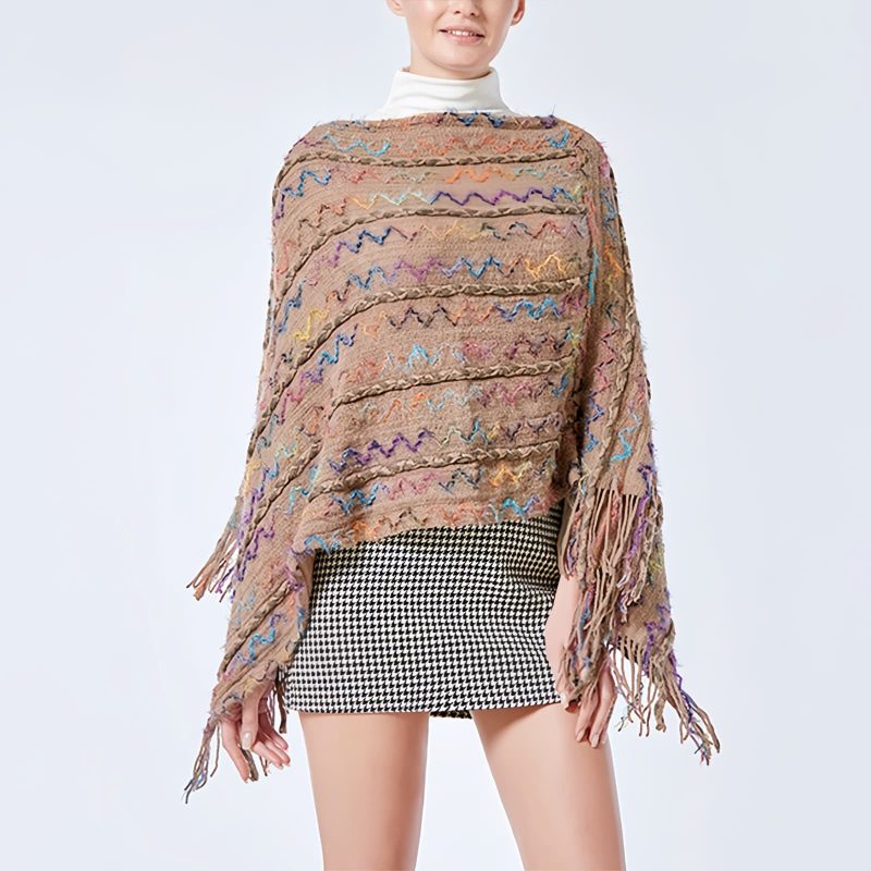 Xale Tibetano Listrado com Borlas e Gola Tibetan Striped Pullover Tassel Shawl
