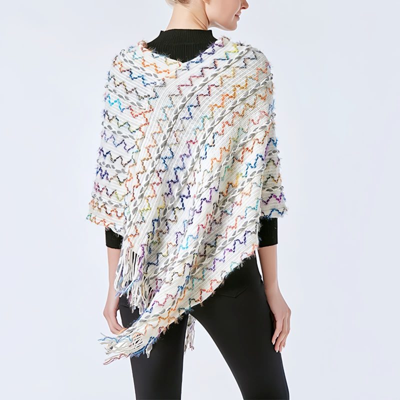 Xale Tibetano Listrado com Borlas e Gola Tibetan Striped Pullover Tassel Shawl