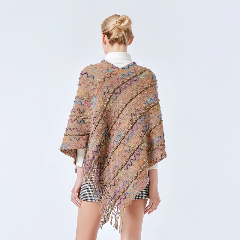 Xale Tibetano Listrado com Borlas e Gola Tibetan Striped Pullover Tassel Shawl