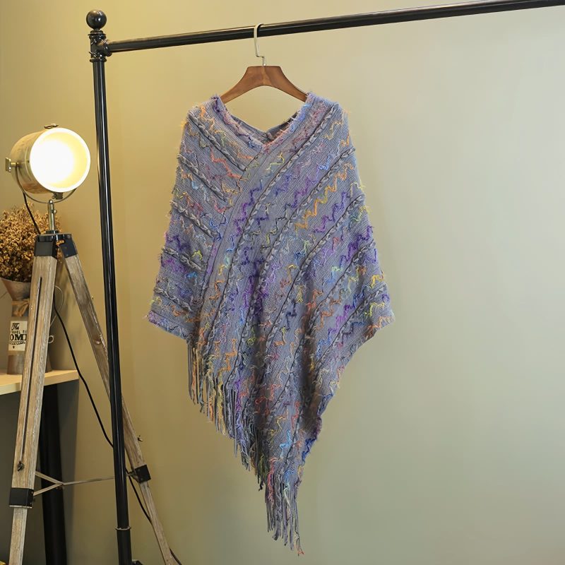 Xale Tibetano Listrado com Borlas e Gola Tibetan Striped Pullover Tassel Shawl